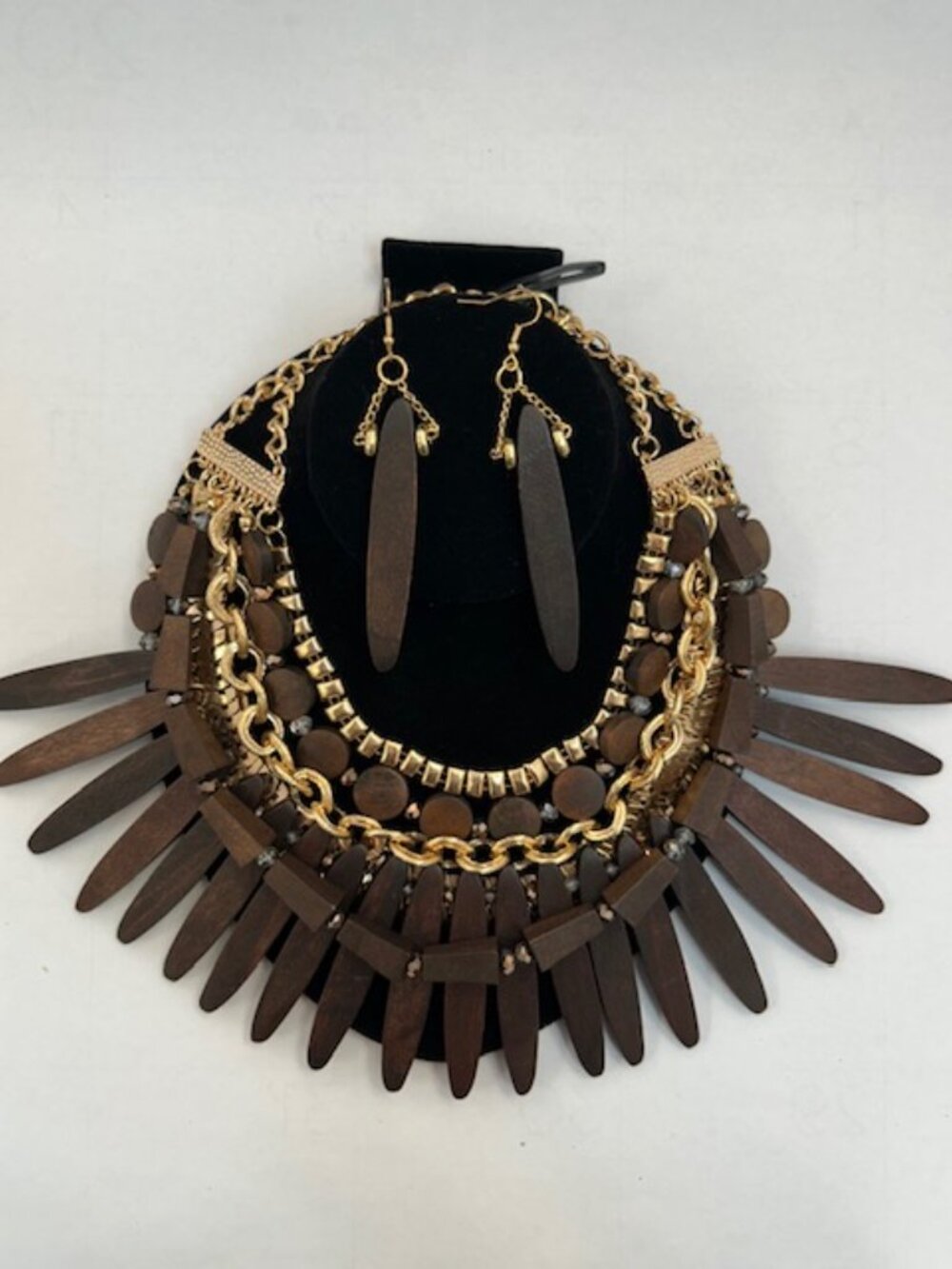 Brown and Gold Tribal-Inspired Wooden Necklace & Earring Set